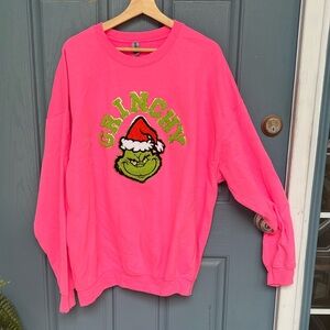 Pink (Heathered) “Grinchy” Sweatshirt with Chenille Letters and Grinch